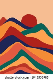 Boho landscape poster. Abstract art in pastel colors, contemporary print with mountains, sun in vector