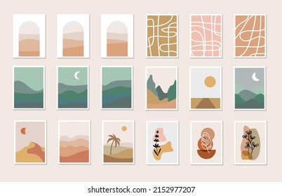 Boho landscape posters collection. Arch shape and night print. Desert and mountains. Wall art designs bundle. Trendy decoration. Vector stock illustration