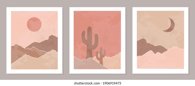  Boho Landscape set, background with desert, sand dunes, sun and moon. Terracotta colors, wall Abstract Decor.
