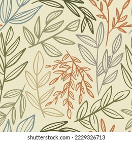 Boho Leaves and Branches Line Sketch Seamless Pattern