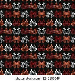 Boho Leaves Damask All Over Print Vector. Ornamental Seamless Repeating Pattern. Dark Red Black Bohemian Folk Background. Drawn Striped Fashion Prints, Wallpaper, Stationery, Hipster Nature Packaging.