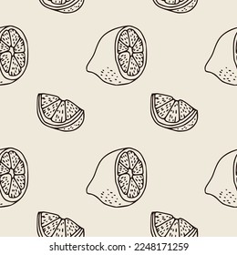 Boho lemon natural seamless pattern. Bohemian background with linear fruits. Vintage vector wallpaper. Pattern for beauty shop and cosmetology