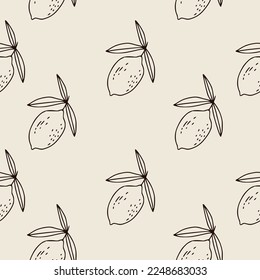 Boho lemon natural seamless pattern. Bohemian background with linear fruits. Vintage vector wallpaper. Pattern for beauty shop and cosmetology