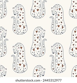 Boho leopards cats tropical seamless pattern vector line art whimsical minimalist print, good for home decor, poster, leaflets, pillow and more. Sketchy groovy style illustration