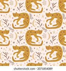 Boho leopards seamless pattern doodle folk style cute animal hand drawn flat vector illustration adorable funny exotic animals and leaves cloth print