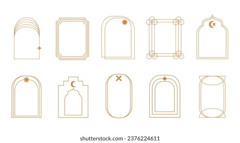 Boho Line Abstract Golden Frames. Set Retro Decoration Minimalist Design Element Collection. Art Deco Style Borders. Vector Illustration. Mid Century Modern