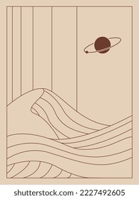 Boho line art, minimalistic illustration with desert, planet, wave 