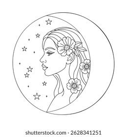 Boho line art of a mystical woman with flowers in hair inside a crescent moon, black outline on transparent background. Ideal for tattoos, posters, stickers, spiritual decor, astrology themes.