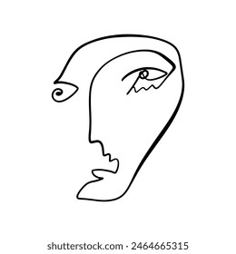 Boho line black-white face trendy line portrait. Abstract linear minimalistic face composition. Monochrome print for clothes, textile, wall handing, tapestry or living room decor. Vector fashion