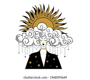 Dibujo de líneas de boho, mujer con pelo turbio y sol en el pelo. Concepto de astrología, tarot, predicción. bruja mágica, retrato de fantasía. Ilustración vectorial aislada en fondo blanco.