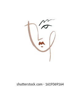 Boho Line Drawing Woman Face Fashion Beauty Minimalist Vector Illustration Clipart