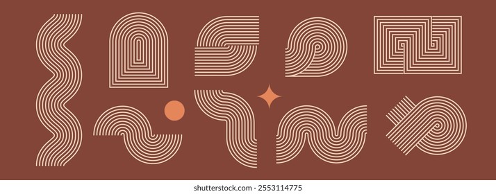 Conjunto de elementos de linha Boho. Onda marrom, zigue-zague e design em forma de arco. Coleção de curvas e arcos do século Médio. Boêmio decorativo forma ornamental feixe para crachá, ícone, cartaz, banner, modelo. Vetor
