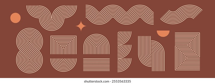 Boho line element set. Brown wave, zigzag and arch form design. Mid century curves and arcs collection. Bohemian decorative ornamental shape bundle for badge, icon, poster, banner, template. Vector