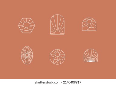 Boho line logos collection. Sunset and sunrise. Minimal landscape. Emblem design. Bohemian signs. Elegant badge for company branding. Editable stroke. Vector stock illustration