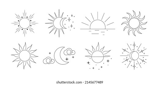 Boho Line Sun Moon Icons. Minimal Celestial Esoteric Elements For Logo, Tattoo, Bohemian Sunburst Set. Vector Illustration. Vector Illustration.