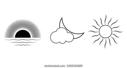 Boho line sun moon icons. Minimal celestial esoteric elements for logo eps 10.