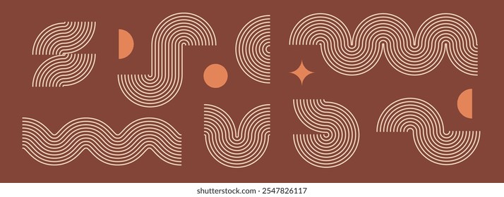 Boho linear element collection. Brown wave and arc forms design. Mid century curves and arches set. Bohemian decorative ornamental shape bundle for badge, icon, poster, banner, template. Vector