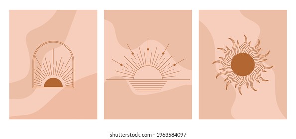 Boho linear sun, arch, arc set vector. Terracotta architecture elements in bohemian style. Tunisian, Algerian abstract print. Bohemian sun, moon, lines sign, logo. Moroccan contemporary aesthetic art.