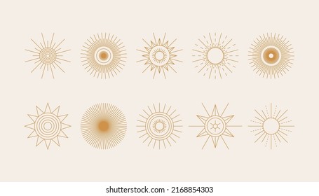 Juego de iconos de sol lineal Boho. Elementos de diseño abstracto, símbolos mínimos para el logotipo, tatuajes, historias. Ilustración vectorial moderna