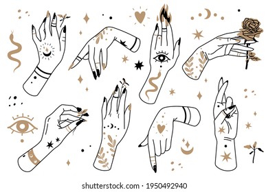 Boho lines woman hands. Female mystical symbols, magic stars bohemian design, astrological vintage shapes, beautiful rose, eye. Vector set