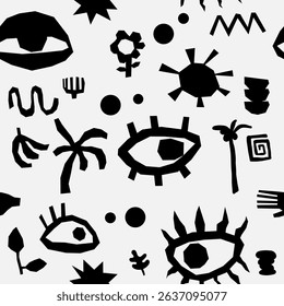 Boho linocut mystical seamless vector pattern. Wallpaper backdrop with organic abstract shape, stars