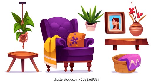 Boho living room furniture set with purple armchair with pillow and plaid, wooden table and shelf, potted plants, hanging macrame planter, photo frame. Interior design elements in bohemian style.