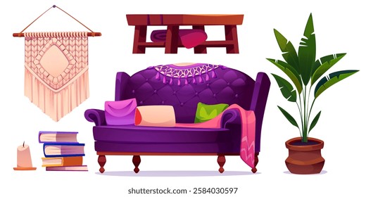 Boho living room furniture set isolated on white background. Vector cartoon illustration of purple sofa with color cushions and blanket, stack of books, macrame wall decoration, wooden table, flower