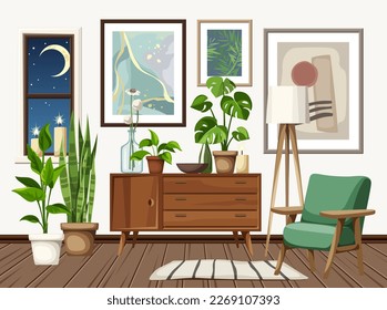 Boho living room interior design with a dresser, a green armchair, paintings on the wall, and a lot of houseplants. Cartoon vector illustration