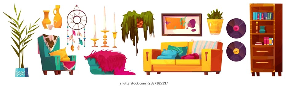 Boho living room interior elements with colorful furniture, dream catcher, vinyl records. Bright yellow sofa, green armchair, potted plant, wooden bookshelf, abstract artwork in bohemian decor style.