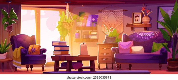 Boho living room interior in sun light with purple armchairs and sofa, macrame wall hanging, wooden furniture, potted plants, stacked books, hanging planter, decorative cushions and candle. Cozy home.