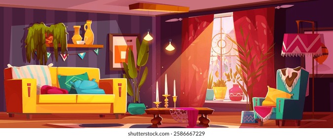 Boho living room interior with yellow sofa and green armchair. Cozy space decorated with plants and hanging dreamcatcher, textiles with geometric pattern, candlesticks, ornamental lamp and window.
