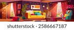 Boho living room with yellow sofa, green armchair, vinyl records and arts on wall, potted plants, sunlit windows with red curtains, wooden dining table, decorative candlestick for atmospheric interior