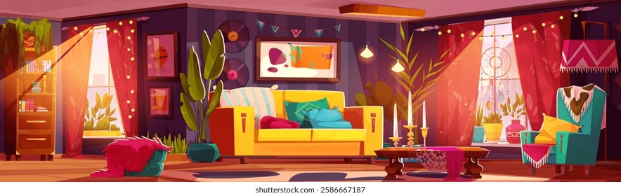 Boho living room with yellow sofa, green armchair, vinyl records and arts on wall, potted plants, sunlit windows with red curtains, wooden dining table, decorative candlestick for atmospheric interior