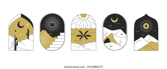 Boho logo with cactus, desert landscape, palm, sandy mountains, moon and sun. Vector bohemian emblems set in trendy liner style. Celestial frames, borders, arch line art esoteric minimal decoration.