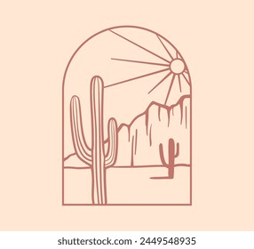 Cactus con logo de Boho. Ilustración de contorno del desierto. Paisaje lineal con sol, montaña y planta.