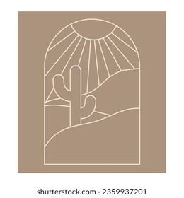 Boho boho logo cactus in minimal line style. Landscape, cactus logo design templates, geometric abstract design for decoration