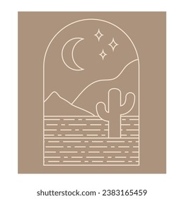 Boho boho logo cactus in minimal line style. Landscape, cactus logo design templates, geometric abstract design for decoration