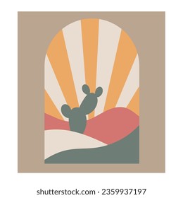 Boho boho logo cactus in minimal style. Landscape, cactus logo design templates in boho color, geometric abstract design for decoration