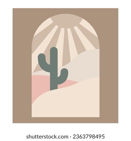 El logo del Boho cactus en un estilo mínimo. Paisaje, diseño del logo cactus en color boho, diseño abstracto geométrico para la decoración
