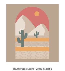 Boho boho logo cactus in minimal style. Landscape, cactus logo design templates in boho color, geometric abstract design for decoration
