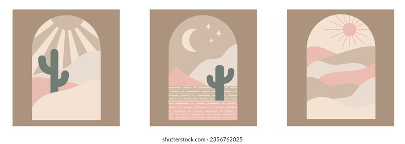 Boho boho logo cactus set in minimal style. Landscape, cactus logo design templates in boho color, geometric abstract design for decoration
