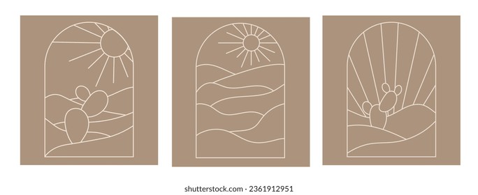 Boho boho logo cactus set in minimal line style. Landscape, cactus logo design templates in line style, geometric abstract design for decoration.