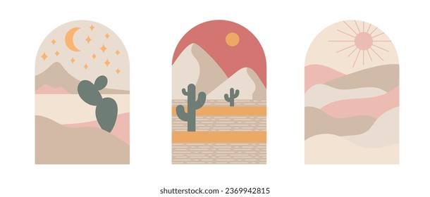 Boho boho logo cactus set in minimal style. Landscape, cactus logo design templates in boho color, geometric abstract design for decoration