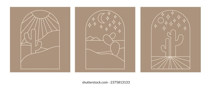 Boho boho logo cactus set in minimal line style. Landscape, cactus logo design templates in line style, geometric abstract design for decoration.