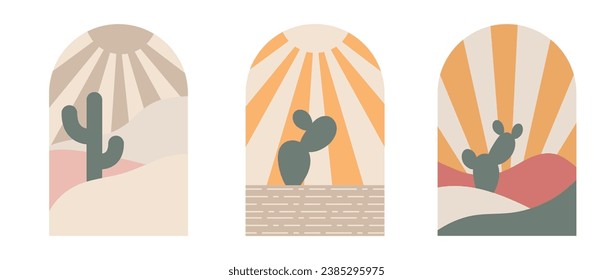 El logo del Boho cactus está ambientado en un estilo mínimo. Paisaje, diseño del logo cactus en color boho, diseño abstracto geométrico para la decoración