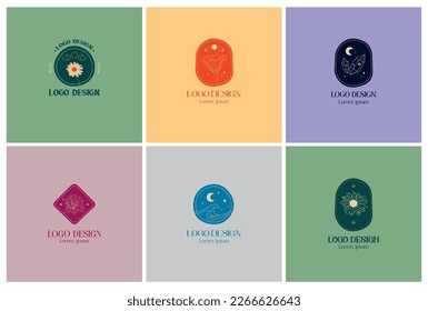 Boho Logo Collection Magic and Flowers. Hand drawn Vector Logo Set with Chamomile, Rose, Moon, Crystals, Zinnia Elegans, Stars and Waves.