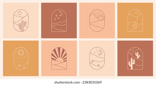 Boho Logo Wüste mit Kakteen, Bergen, Sand, Sonne und Mond. Abstrakte Designvorlagen. Böhmisches Vektor-Großset im trendigen Linienstil