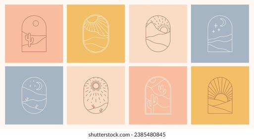 Boho Logo Wüste mit Kakteen, Bergen, Sand, Sonne und Mond. Abstrakte Designvorlagen. Böhmisches Vektor-Großset im trendigen Linienstil