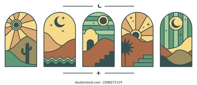 Boho logo with desert mountains and cactus. Bohemian vector minimal illustration. Abstract windows with nature landscape. Set of arches with oasis hills, river and sunset. Aesthetic elements.