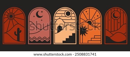 Boho logo with desert mountains and cactus. Bohemian vector minimal illustration. Abstract windows with nature landscape. Set of arches with oasis hills, river and sunset. Aesthetic glyph elements.